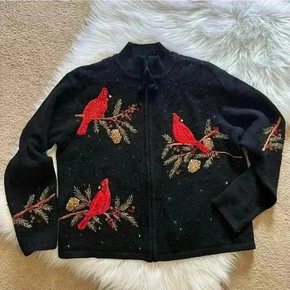 Heirloom Collectibles Vintage 2004 Christmas Sequin Cardinal Print Petite Large - Picture 1 of 8